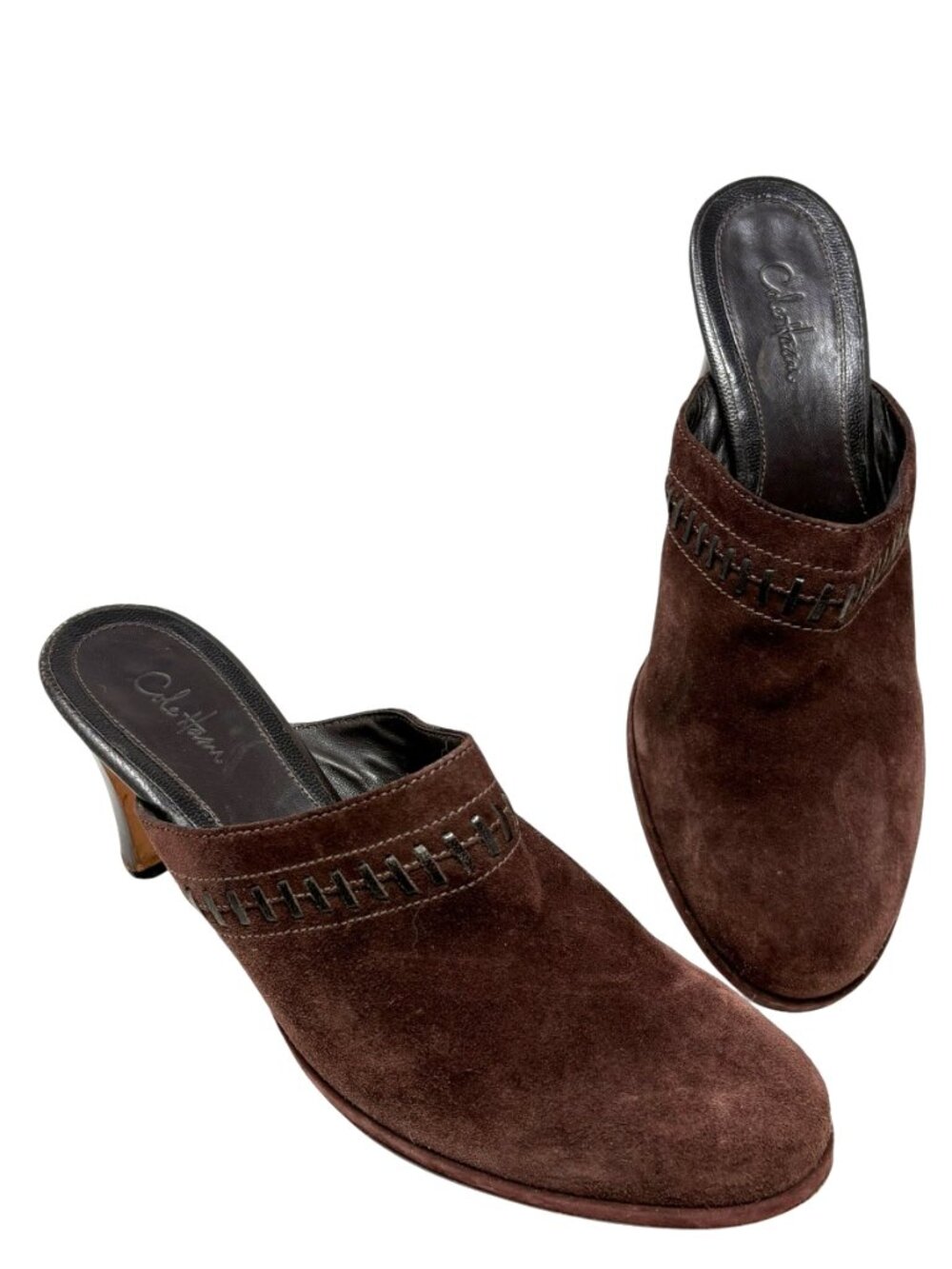 Cole Haan D22594 Cocoa Suede Stitch Accent Heeled Mules